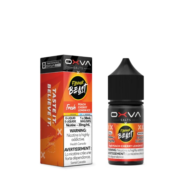 E-liquid bottle and box for Flavour Beast Peach Cherry Lemon Ice, featuring nicotine warning and product details.