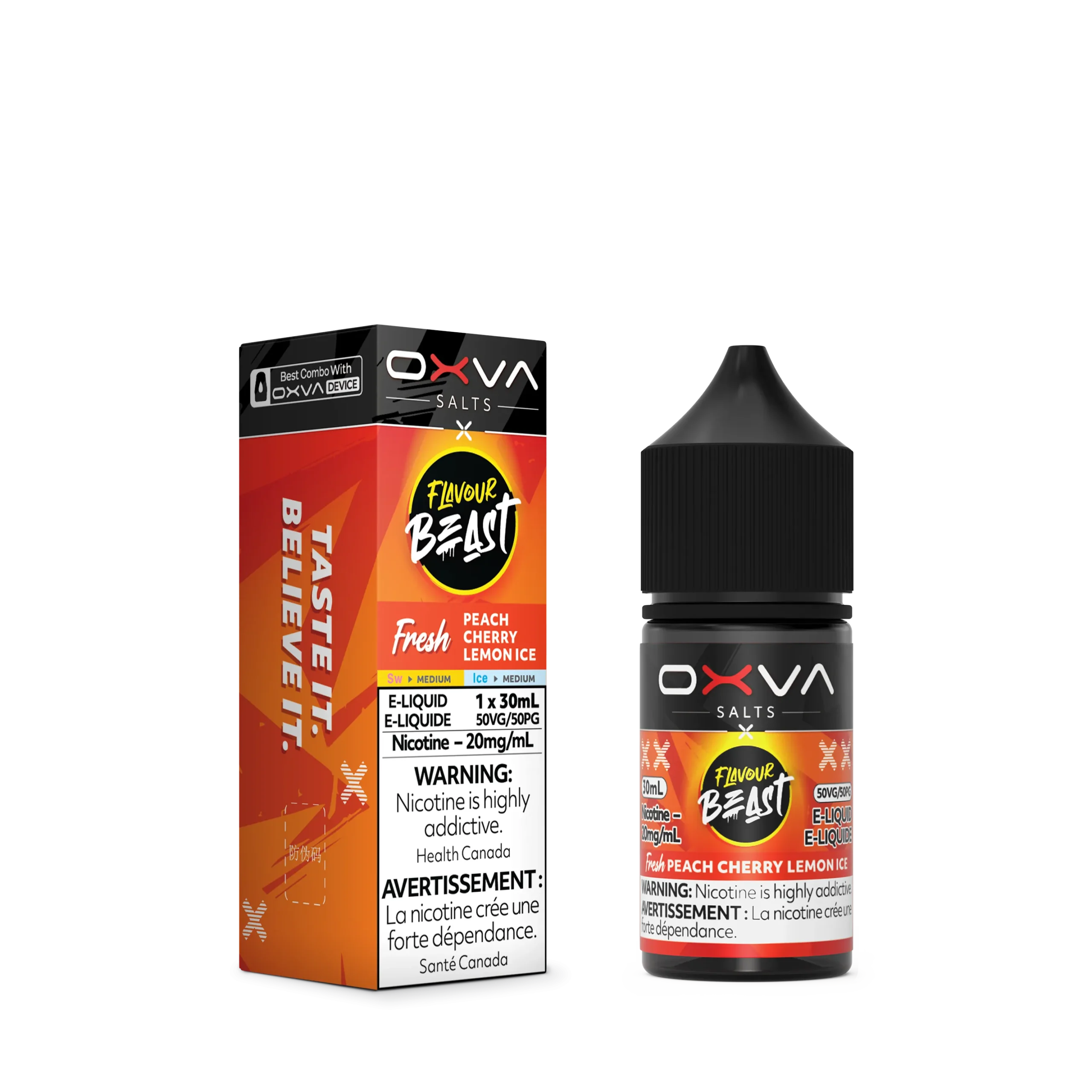 E-liquid bottle and box for Flavour Beast Peach Cherry Lemon Ice, featuring nicotine warning and product details.