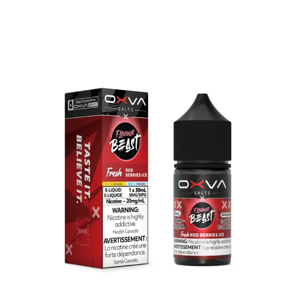 E-liquid bottle and box for Flavour Beast Red Berries Ice, featuring nicotine warning and product details.