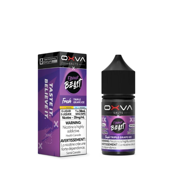 E-liquid bottle and box for Flavour Beast Triple Grape Ice, featuring a 30ml size and 20mg/ml nicotine content.