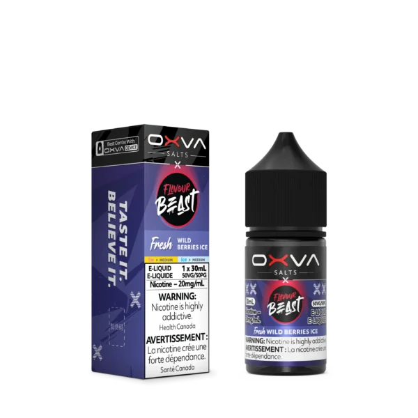 E-liquid bottle and box for Flavour Beast Wild Berries Ice, 30ml, 20mg/ml nicotine, featuring warning labels.