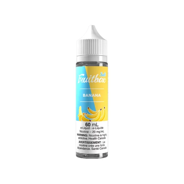 Bottle of Fruitbae Salt e-liquid in Banana flavor, 60 mL, with a bright yellow and blue label.