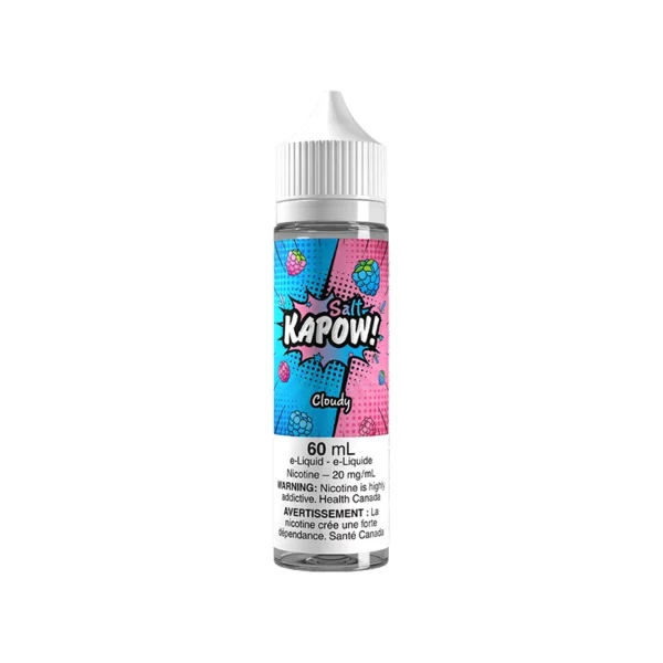 Bottle of Kapow! Cloudy e-liquid, 60 mL, featuring colorful pop art design and nicotine warning label.