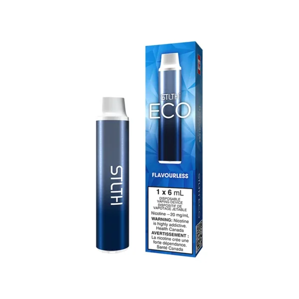 A blue disposable vaping device labeled STLTH ECO Flavourless, with a warning about nicotine addiction.