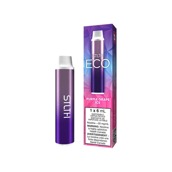 Purple Grape Ice disposable vape device with packaging, featuring a sleek design and nicotine warning label.