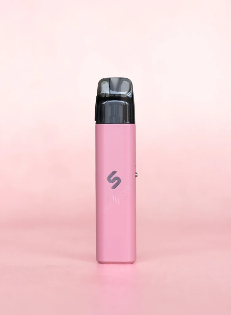 A pink vape device with a black mouthpiece against a soft pink background.