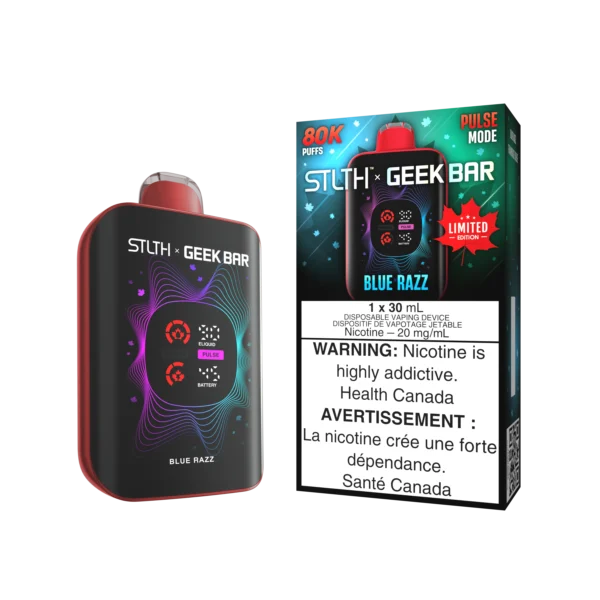Package of STLTH x GEEK BAR disposable vaping device in Blue Razz flavor, featuring warning labels and usage details.