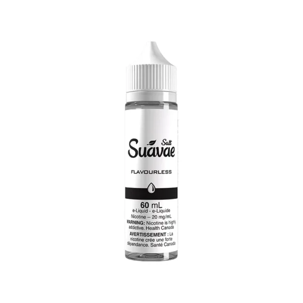 60 mL bottle of Suavae Salt Flavourless e-liquid with 20 mg/mL nicotine content. Warning label included.