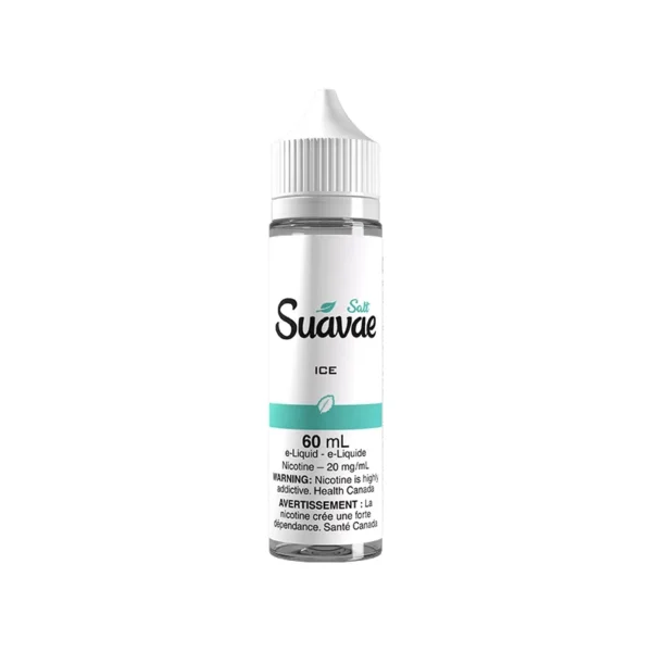 60 mL bottle of Suavae Salt Ice e-liquid with nicotine warning label and a white and teal design.