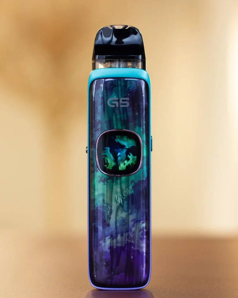 Close-up of a UWELL Caliburn G5 VL vape device with a colorful, swirling purple and green design.