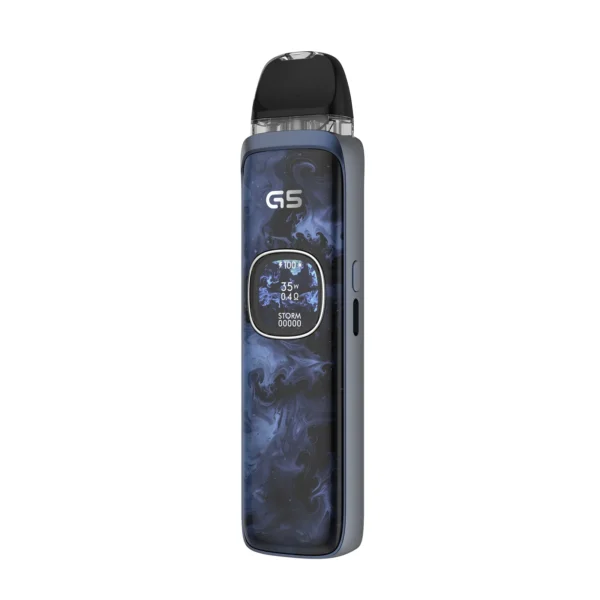 Navy blue vape device with a marbled design and digital display showing battery and wattage settings.