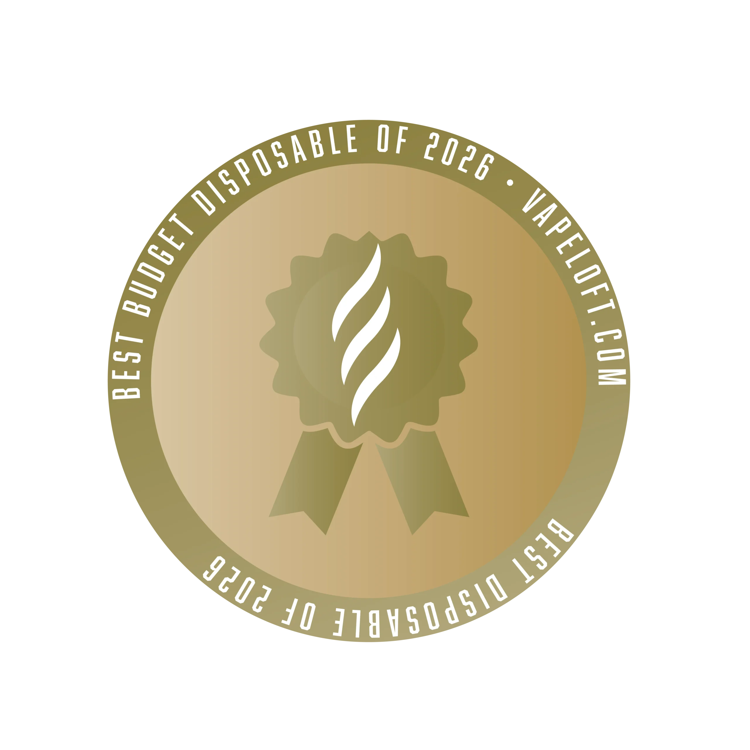 Gold award badge for Best Budget Disposable of 2026 from Vapeloft, featuring a ribbon and stylized flame design.