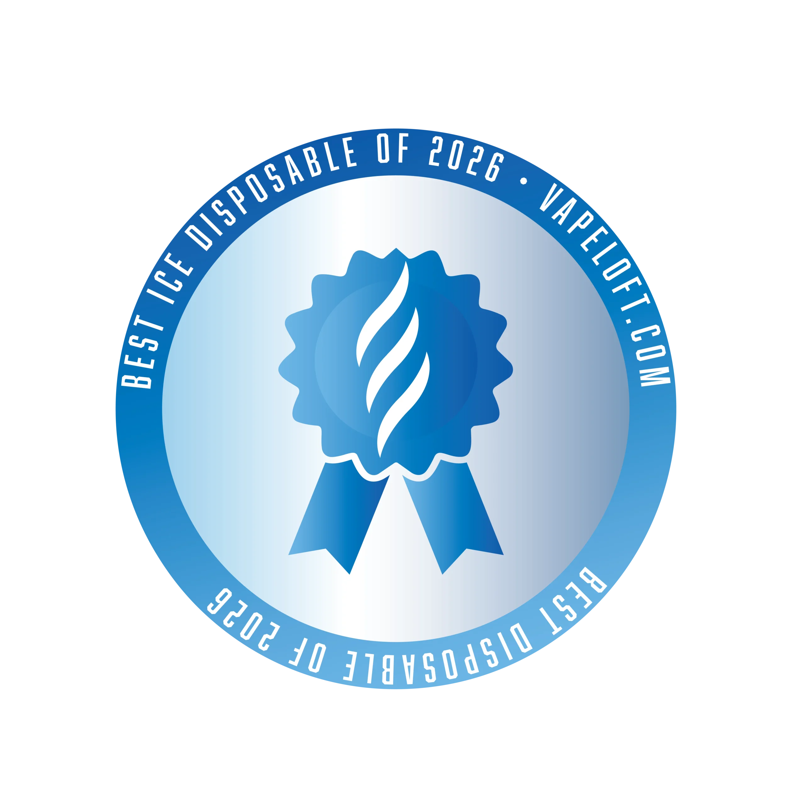 Blue circular badge featuring Best Ice Disposable of 2026 with a ribbon design and the website URL.