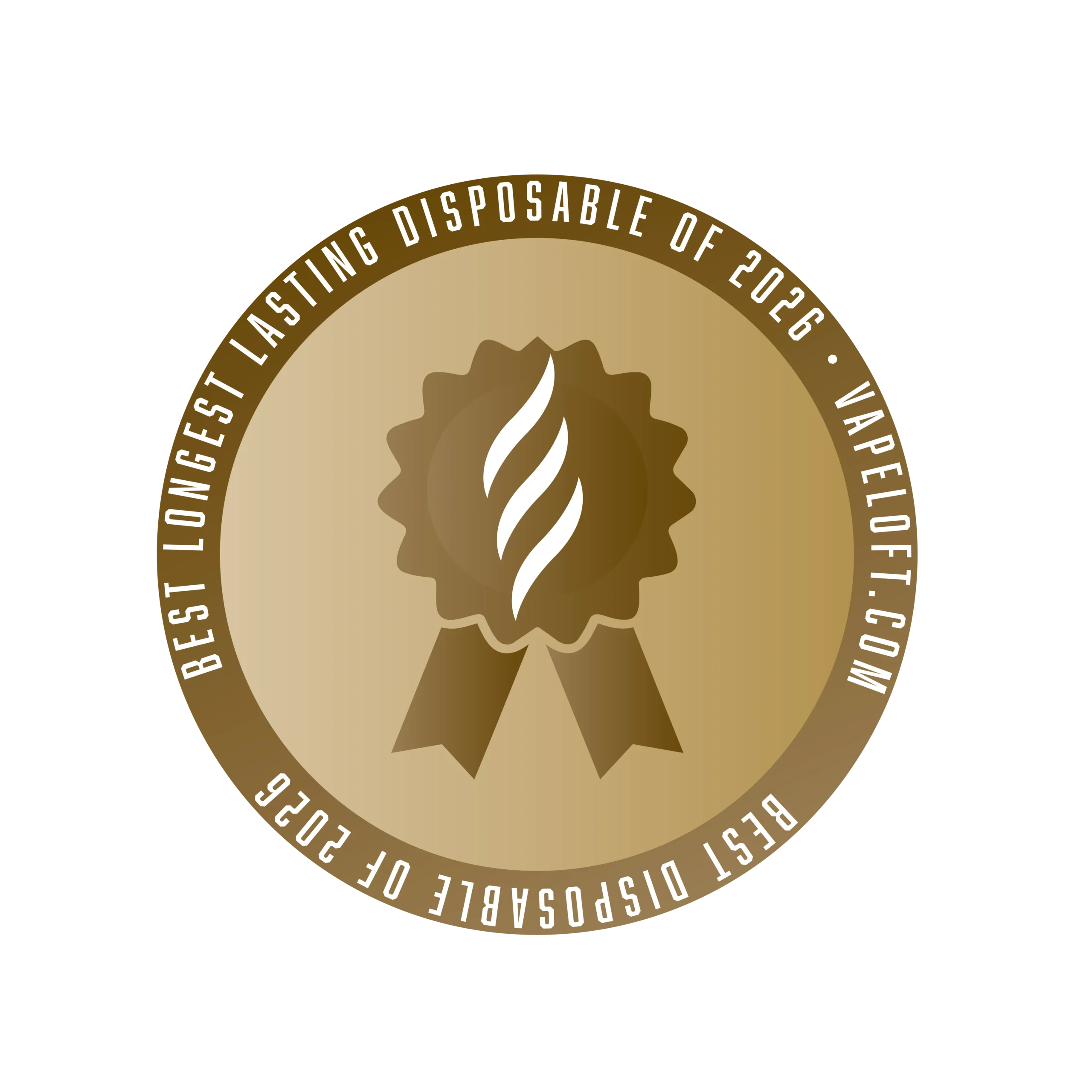 Gold award badge for Best Longest Lasting Disposable of 2026 from Vapeloft.com.