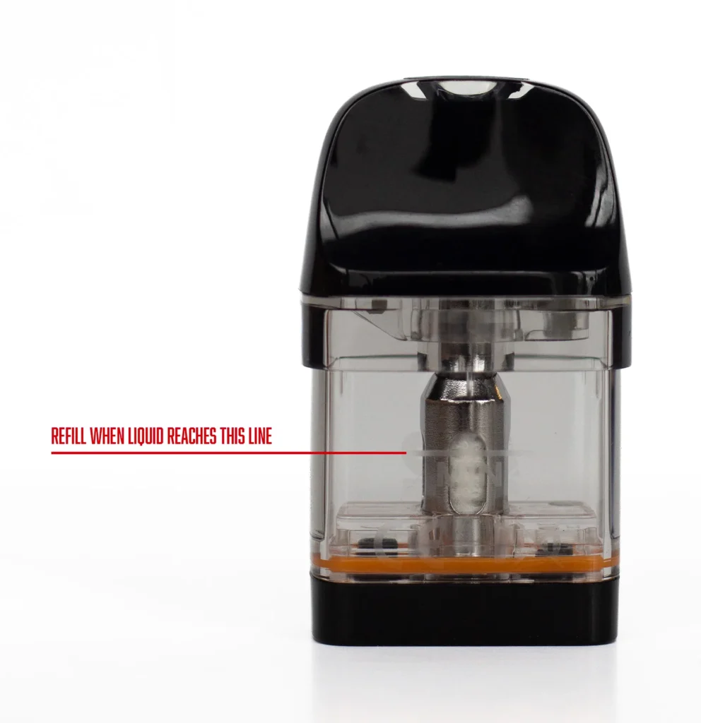 Clear vape pod with a visible refill line marked in red, indicating when to refill the liquid.