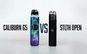 Side-by-side comparison of the Caliburn G5 and STLTH Open vape devices on a neutral background.