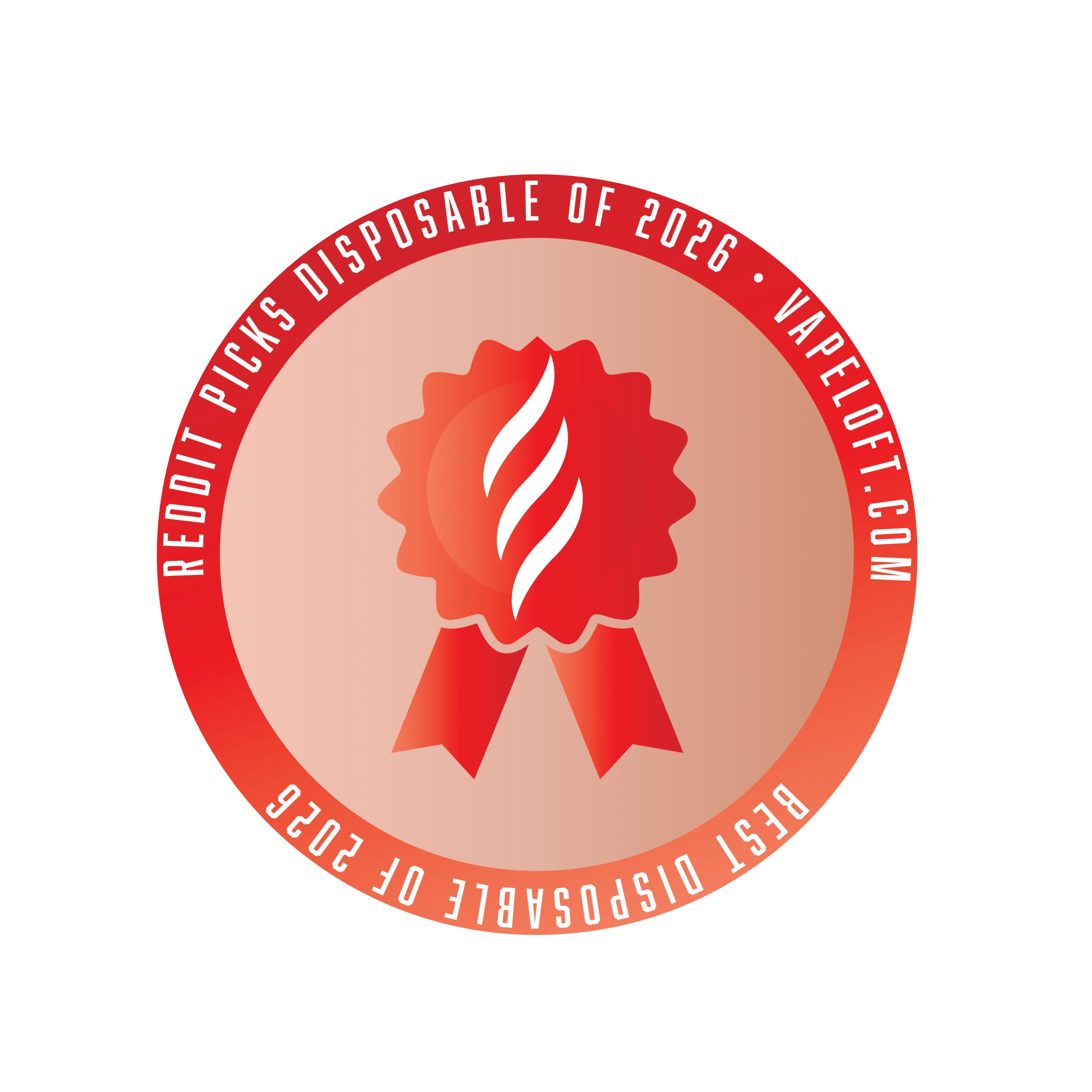 Red circular badge with a ribbon design, labeled Reddit Picks Disposable of 2026 and Best Disposable of 2026.
