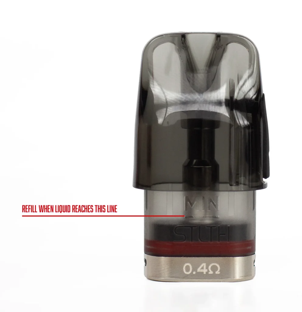 Close-up of a vape pod with a refill line indicator and resistance marking, designed for easy liquid refilling.