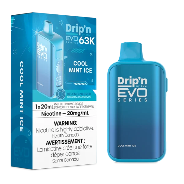 Vaping device packaging for Dripn EVO 63K in Cool Mint Ice flavor, featuring nicotine warning and product details.
