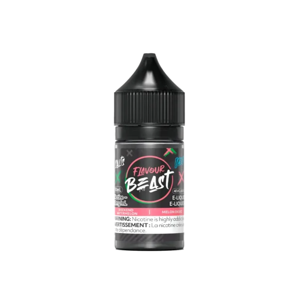 Bottle of Flavour Beast e-liquid, 20mg nicotine, watermelon flavor, with a black cap and vibrant label design.