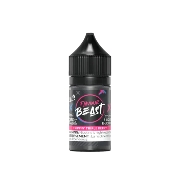 Bottle of Flavour Beast e-liquid, Trippin Triple Berry flavor, 20mg nicotine, 60ml size, with warning label.