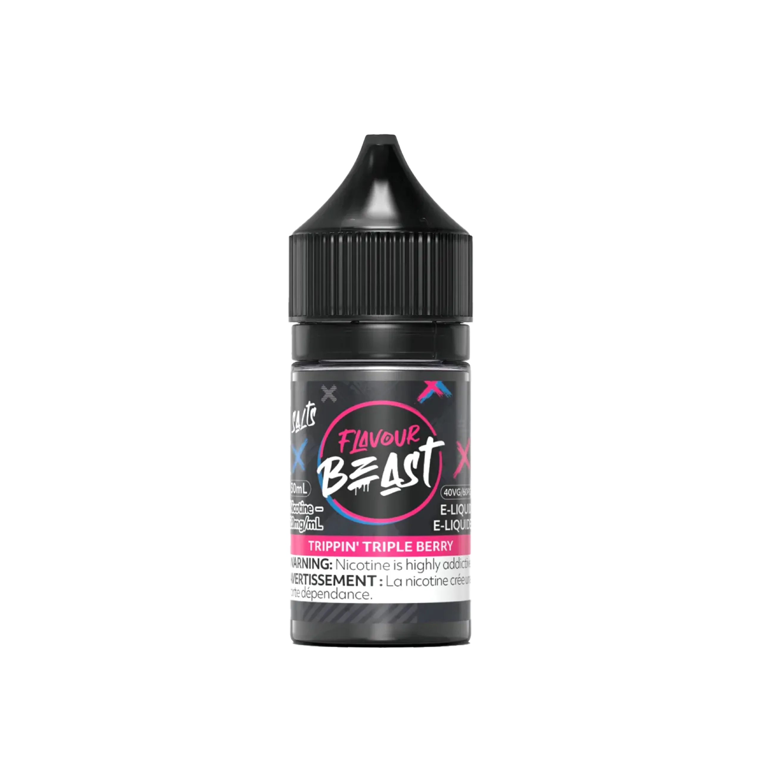 Bottle of Flavour Beast e-liquid, labeled Trippin Triple Berry, with a black cap and warning label.