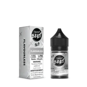 FlavourBeast Flavourless e-liquid, 30ml bottle with 20mg/ml nicotine, packaged in a warning-labeled box.