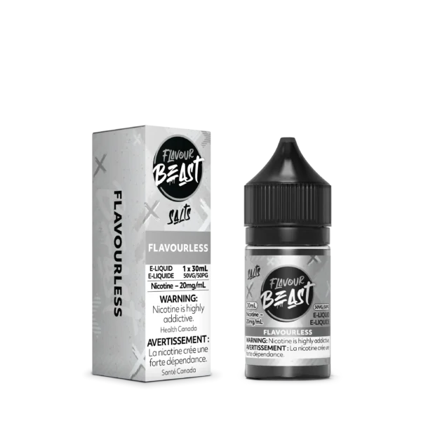 FlavourBeast Flavourless e-liquid, 30ml bottle with 20mg/ml nicotine, packaged in a warning-labeled box.