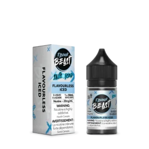 E-liquid bottle and box for Flavourless Iced, 30ml, 20mg nicotine, with warning labels about nicotine addiction.