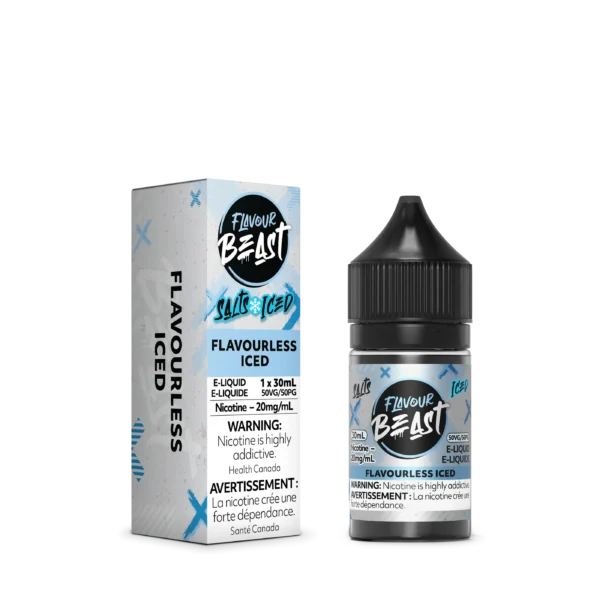 E-liquid bottle and box for Flavourless Iced, 30ml, 20mg nicotine, with warning labels about nicotine addiction.