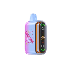 Vape device featuring a gradient blue and pink design with GEEK BAR BLUE RAZZ ICE branding and digital display.