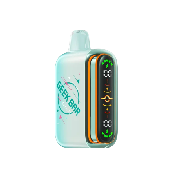 A sleek, mint-colored vape device labeled GEEK BAR ICE BLAST with digital display and colorful indicators.