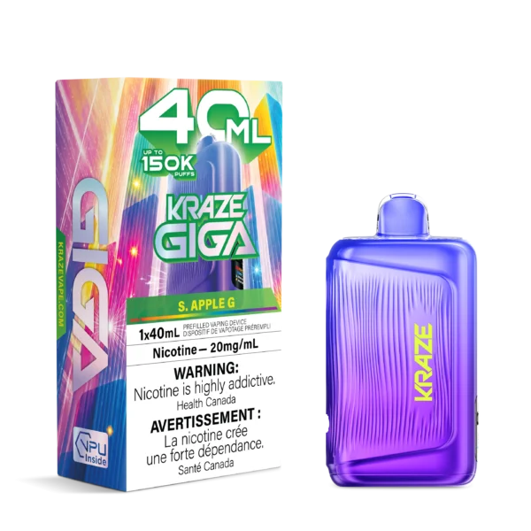 Vaping device packaging for Kraze Giga, featuring a purple device and details on flavor and nicotine content.
