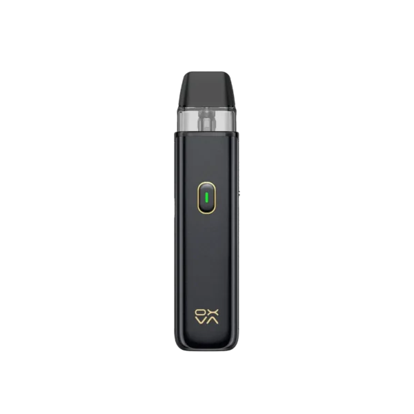 Black carbon vape device with a transparent tank and a green power button.
