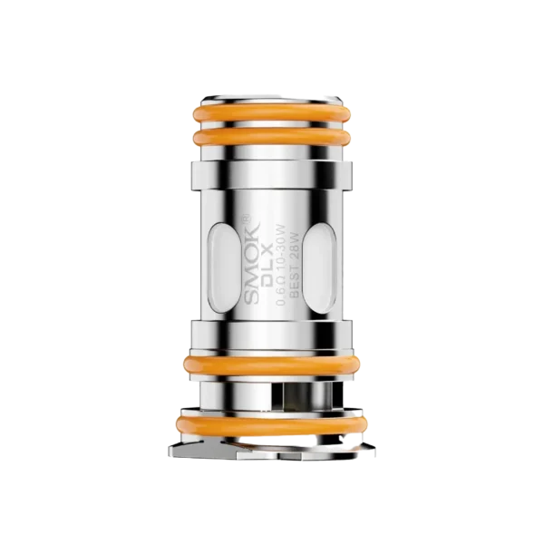 Close-up of a SMOK Nord 6 coil with orange O-rings, labeled 0.6 ohm, suitable for 10-30W power range.