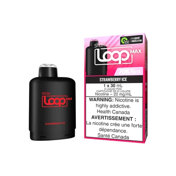 Black e-liquid pod labeled STLTH Loop Max Strawberry Ice, featuring a warning about nicotine addiction.