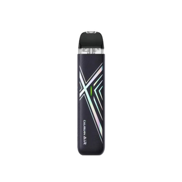 A sleek black vape device with a geometric design and the label CALIBURN AIR on the side.