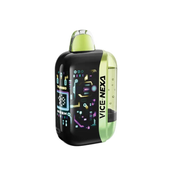 A black and green disposable vape device with digital graphics and the label VICE NEXA. Flavor: Frosty Green Apple.