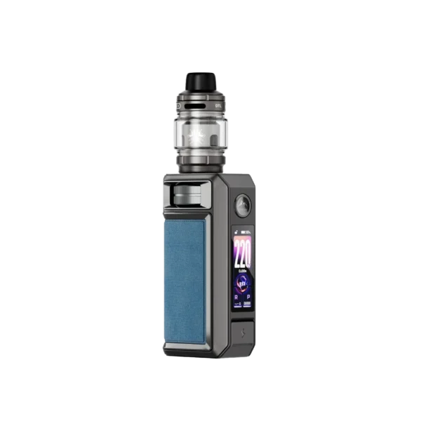 A VOOPOO Drag 6 starter kit featuring a metal body and a blue fabric panel, with a clear tank on top.