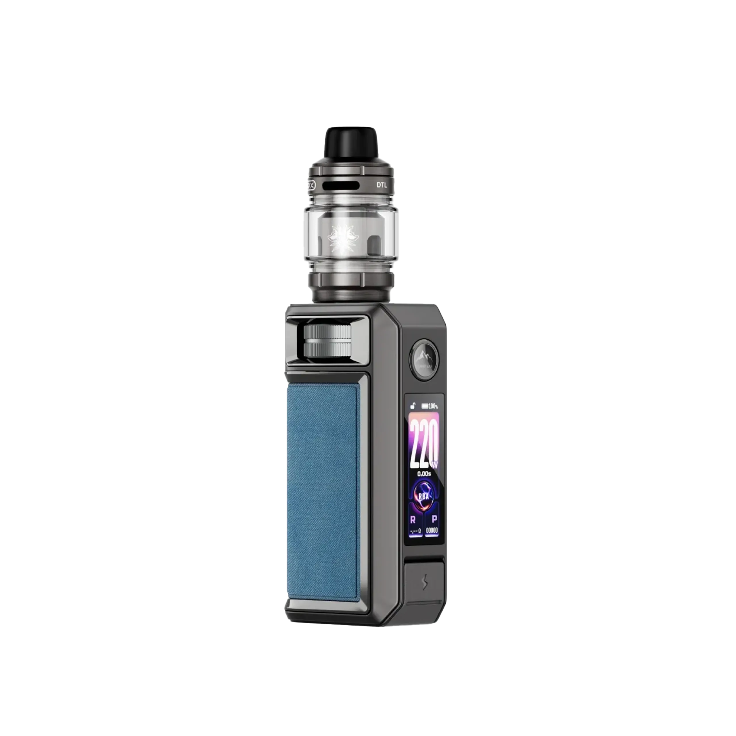 A VOOPOO Drag 6 starter kit featuring a metal body and a blue fabric panel, with a clear tank on top.