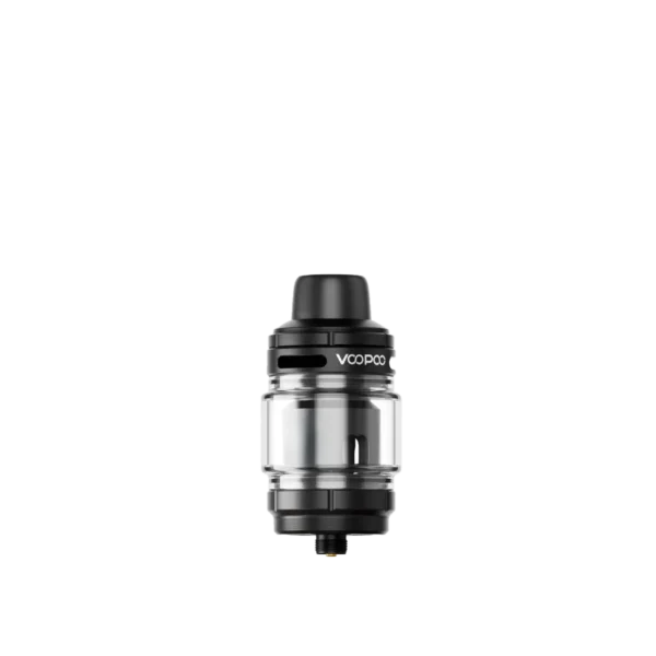Black and clear VOOPOO UFORCE X Tank II with a 5ml capacity, featuring adjustable airflow and a sleek design.