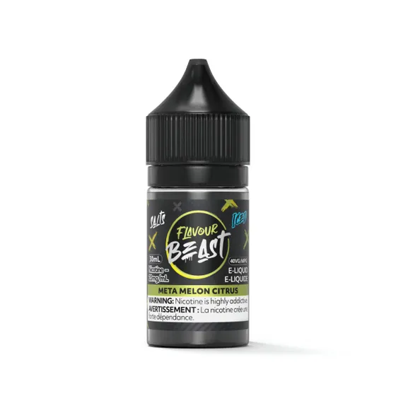 30ml bottle of Flavour Beast e-liquid, flavor Meta Melon Citrus, with a nicotine warning label.