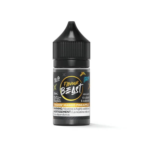 Bottle of Flavour Beast e-liquid in Pushin Mango Pineapple flavor, 30ml, with nicotine warning label.