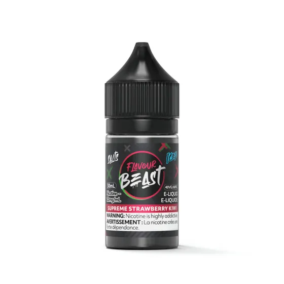 Bottle of Flavour Beast e-liquid in Supreme Strawberry Kiwi flavor, 30ml, 20mg nicotine, with warning label.