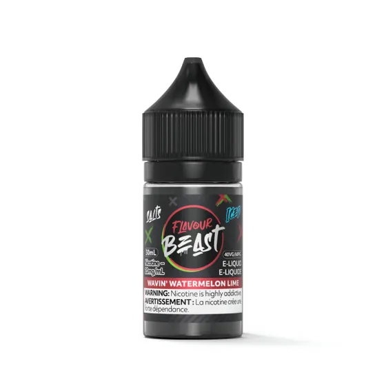 Bottle of Flavour Beast e-liquid, Wavin Watermelon Lime flavor, 30ml, 20mg nicotine, with warning label.