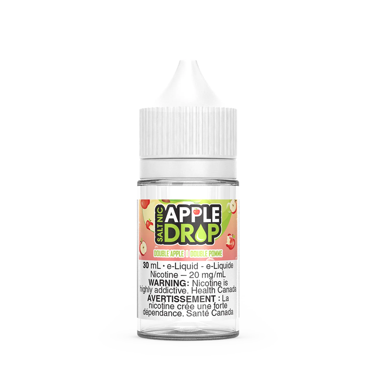 30 mL bottle of Apple Drop Salt e-liquid, Double Apple flavor, with nicotine warning label.
