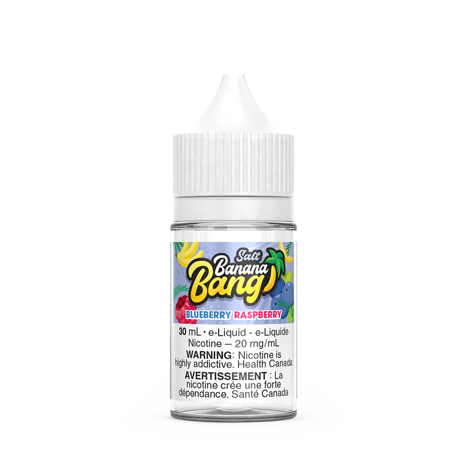 Bottle of Banana Bang Salt e-liquid in Blueberry Raspberry flavor, 30 mL, with nicotine warning label.