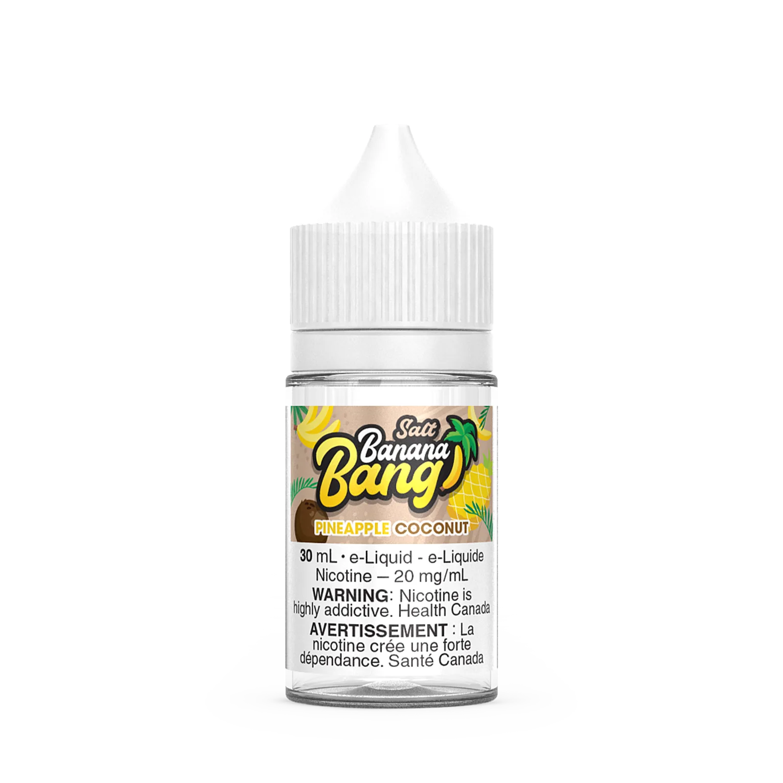 Bottle of Banana Bang Salt e-liquid in Pineapple Coconut flavor, 30 mL, with nicotine warning label.