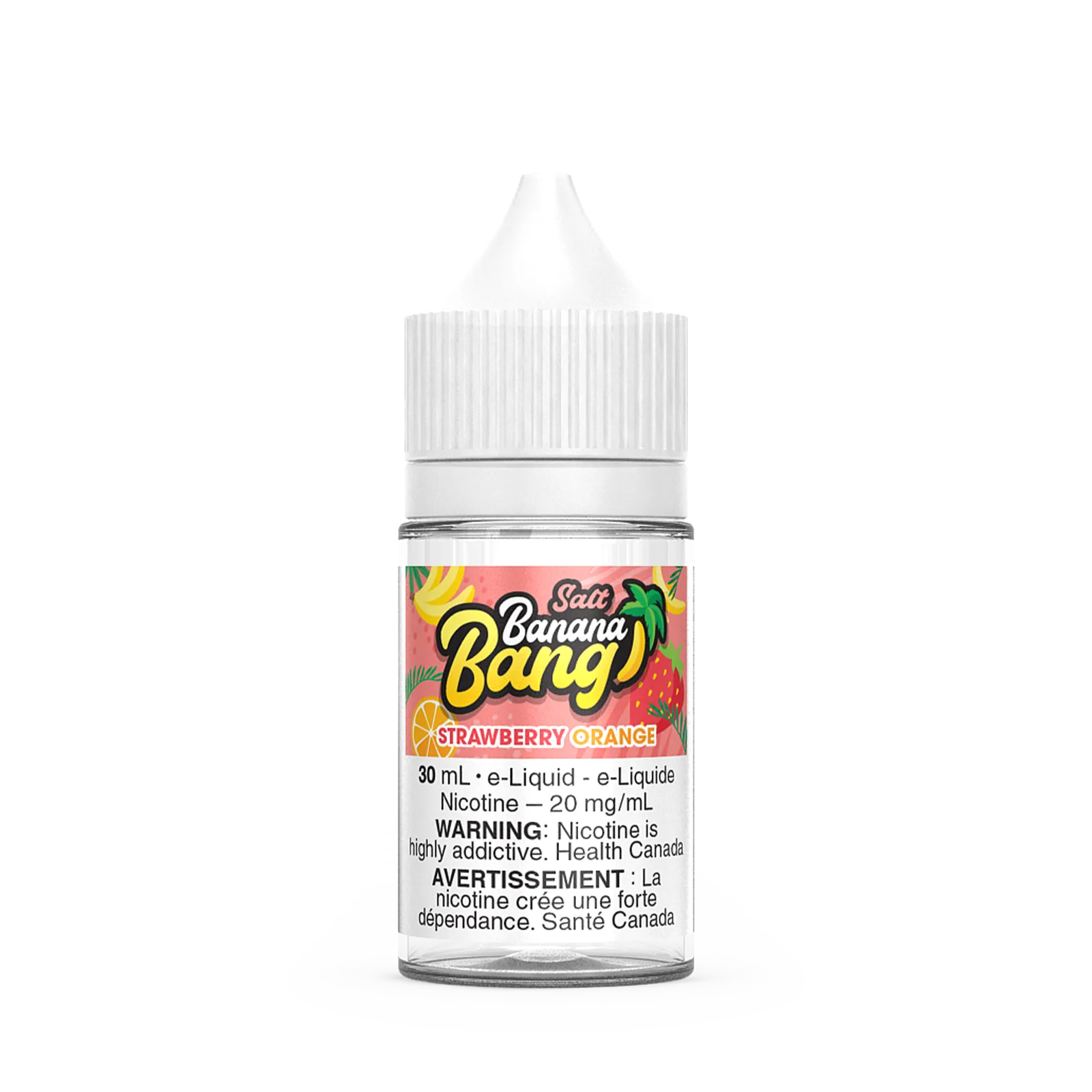 Bottle of Banana Bang Salt e-liquid in Strawberry Orange flavor, 30 mL, with nicotine warning label.