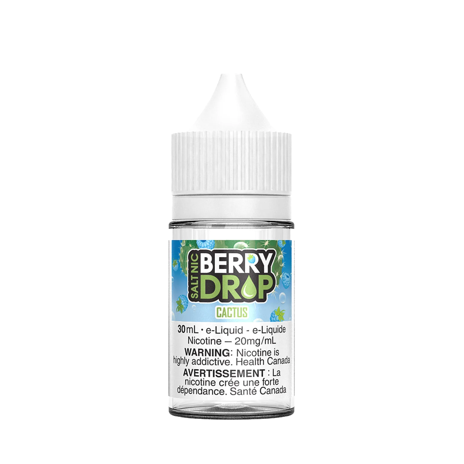 Bottle of Berry Drop Salt e-liquid in cactus flavor, 30mL, with nicotine warning label.